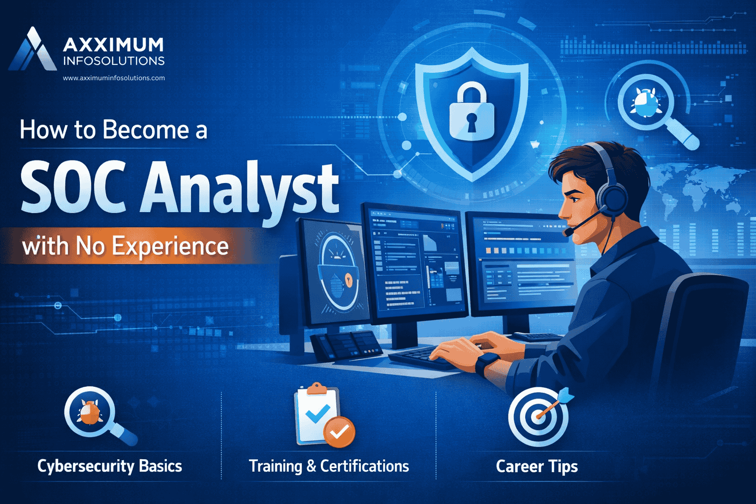 Learn how to become a SOC Analyst with no experience. Step-by-step roadmap, skills, tools, commands, certifications by Axximum Infosolutions.